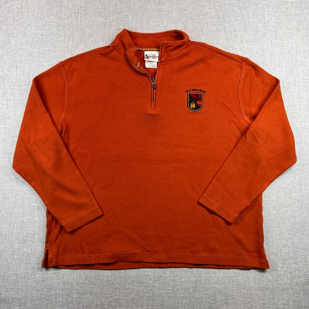 Y2K Disney World Quarter Zip Crest Pullover Men XL Orange Disneybound Vacation